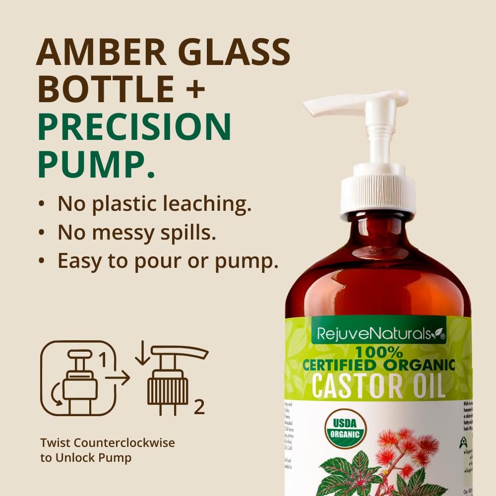 RejuveNaturals Castor Oil Organic Cold Pressed Glass Bottle 16oz -100% Pure