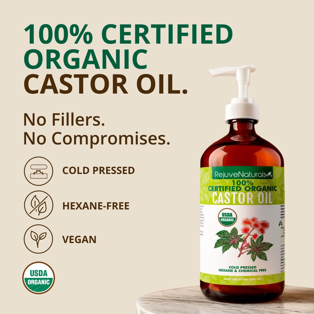 RejuveNaturals Castor Oil Organic Cold Pressed Glass Bottle 16oz -100% Pure