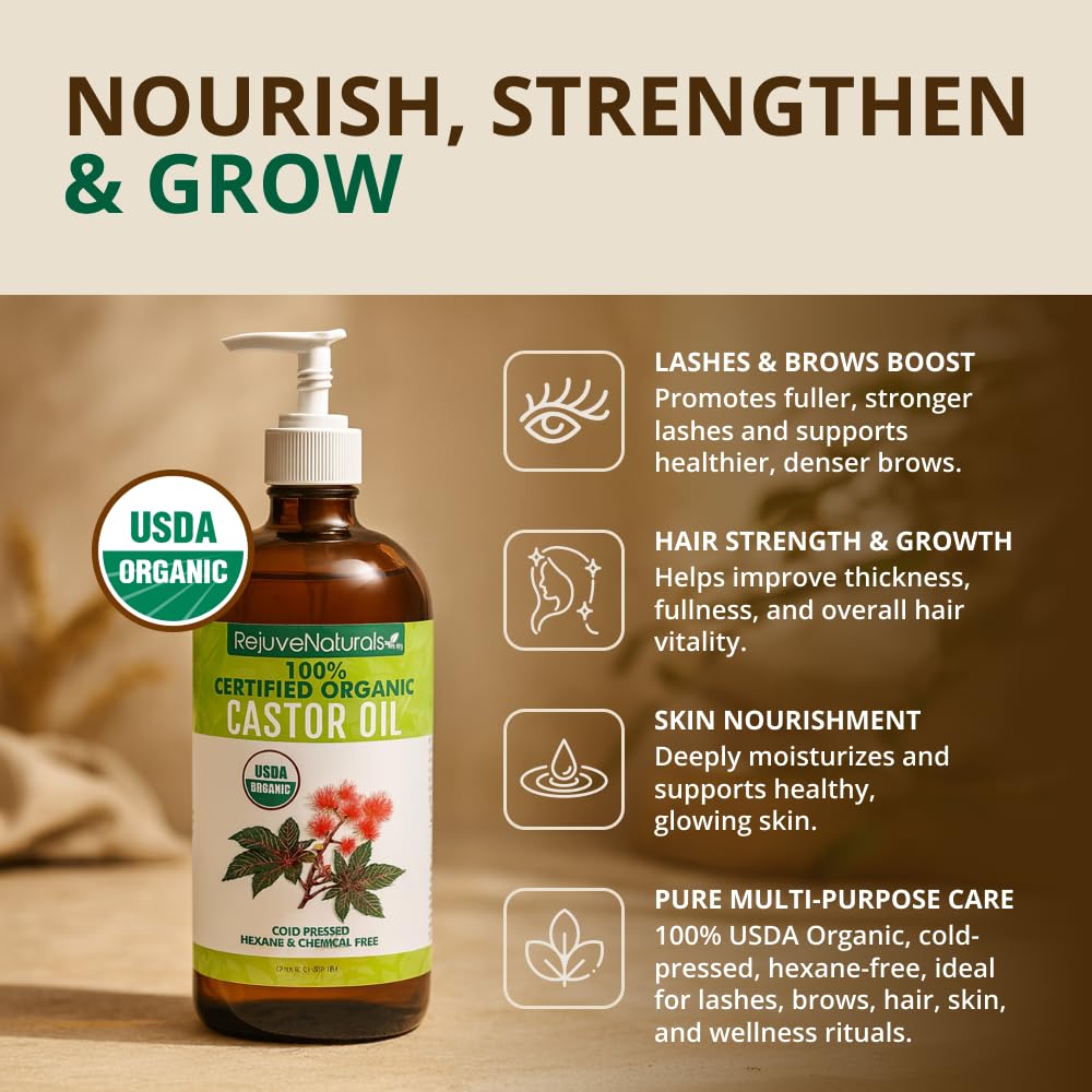 RejuveNaturals Castor Oil Organic Cold Pressed Glass Bottle 16oz -100% Pure
