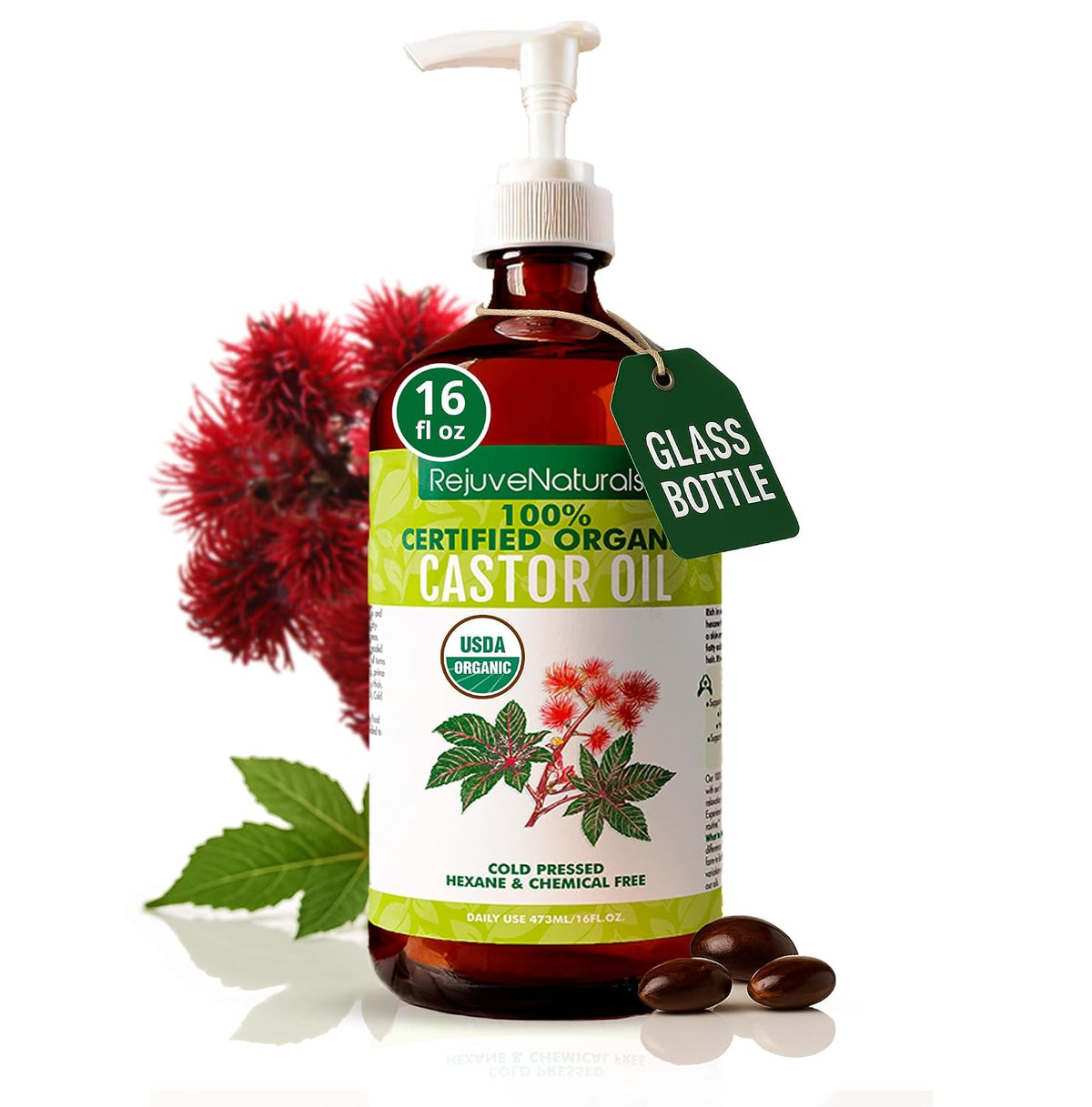 RejuveNaturals Castor Oil Organic Cold Pressed Glass Bottle 16oz -100% Pure