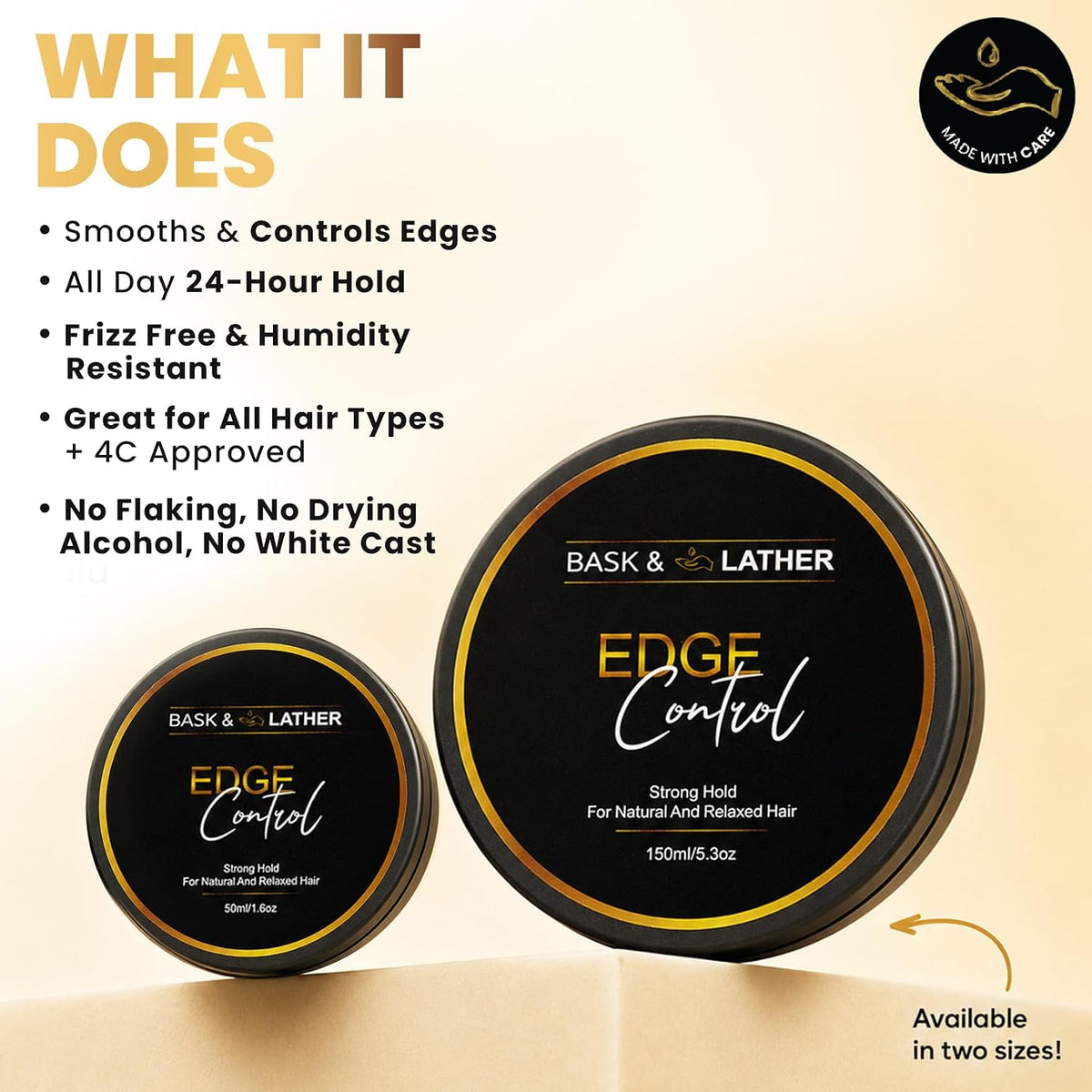 BASK & LATHER Strong Hold Edge Control Gel with Castor Oil, Non-Greasy, Non-Flaking, No White Cast, Long Lasting, Supports Hair Growth, Natural Formula, For All Hair Types, 5.3 Fl Oz