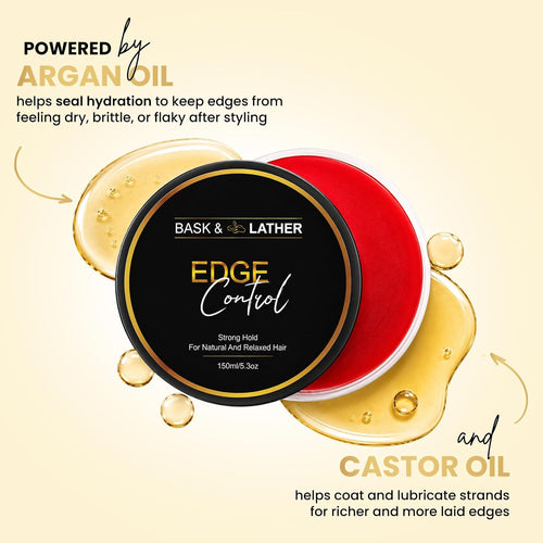 BASK & LATHER Strong Hold Edge Control Gel with Castor Oil, Non-Greasy, Non-Flaking, No White Cast, Long Lasting, Supports Hair Growth, Natural Formula, For All Hair Types, 5.3 Fl Oz
