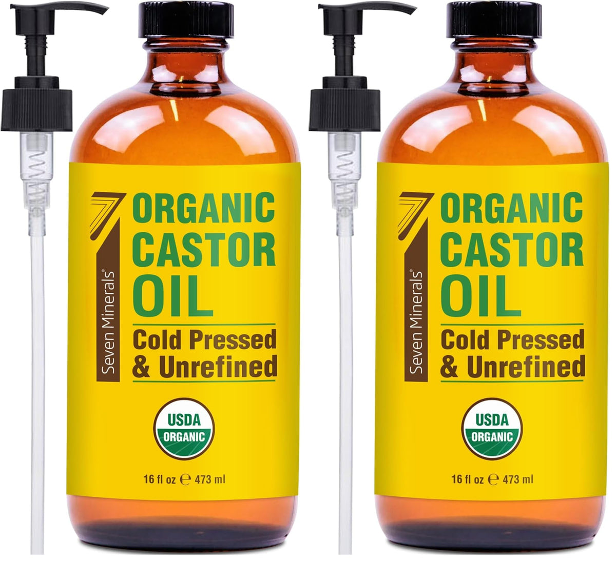 Seven Minerals USDA Organic Castor Oil - Big 16 oz Glass Bottle with Pump - 100% Pure Cold Pressed Unrefined Hexane Free - for Hair Growth, Eyelashes, Eyebrows, Skin, Cuticles & Caster Oil Packs