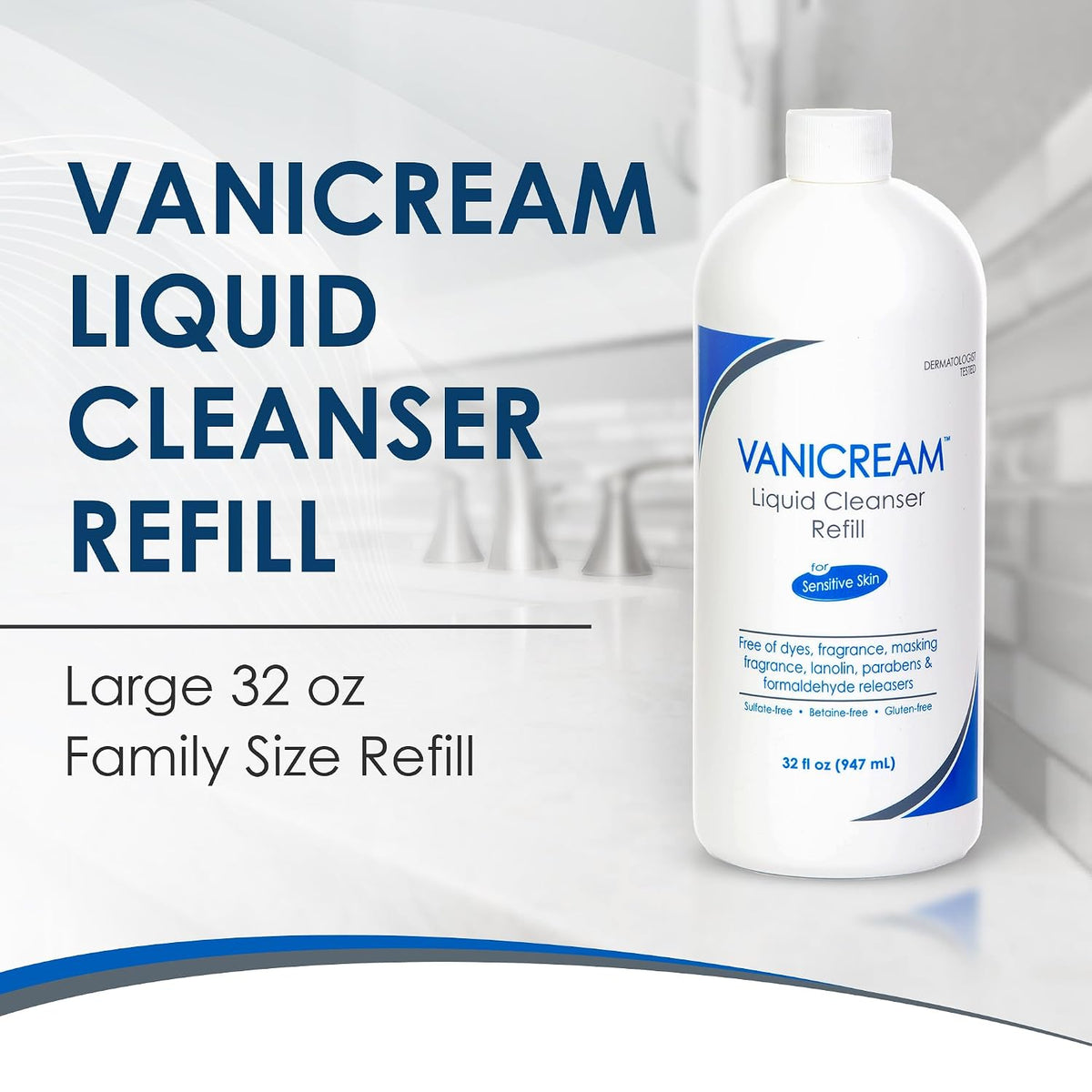 Vanicream Liquid Cleanser Refill, 32 Fl Oz, Formulated without Common Irritants for Sensitive Skin, Gentle & Non-Drying Body & Face Wash, Non-Comedogenic, Removes Dirt & Excess Oils, pH Balanced