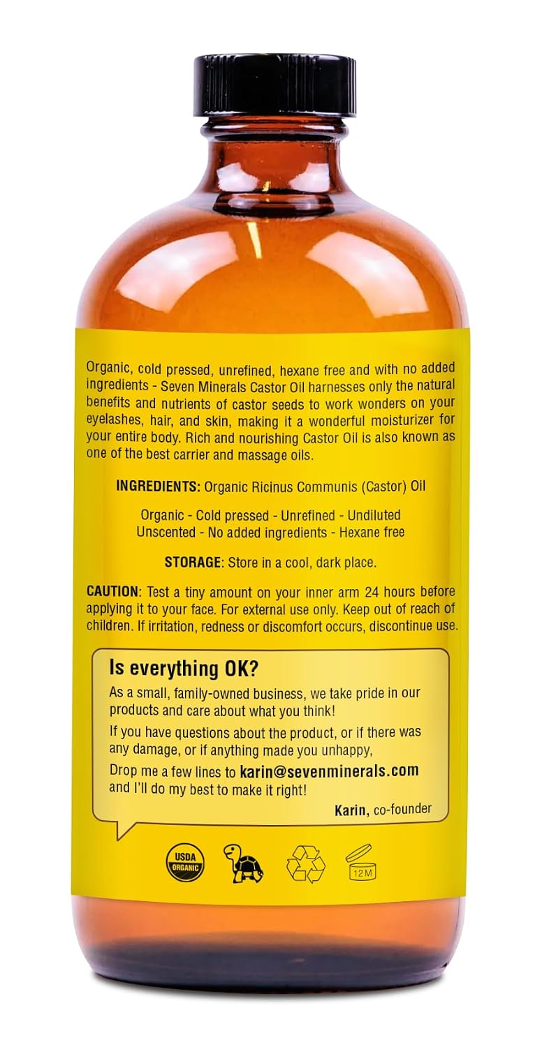 Seven Minerals USDA Organic Castor Oil - Big 16 oz Glass Bottle with Pump - 100% Pure Cold Pressed Unrefined Hexane Free - for Hair Growth, Eyelashes, Eyebrows, Skin, Cuticles & Caster Oil Packs