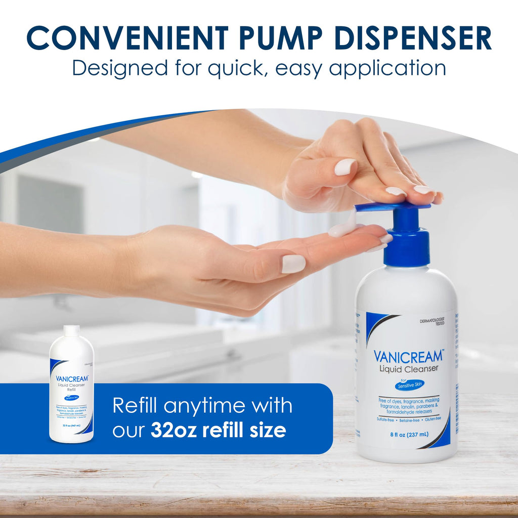 Vanicream Liquid Cleanser Refill, 32 Fl Oz, Formulated without Common Irritants for Sensitive Skin, Gentle & Non-Drying Body & Face Wash, Non-Comedogenic, Removes Dirt & Excess Oils, pH Balanced