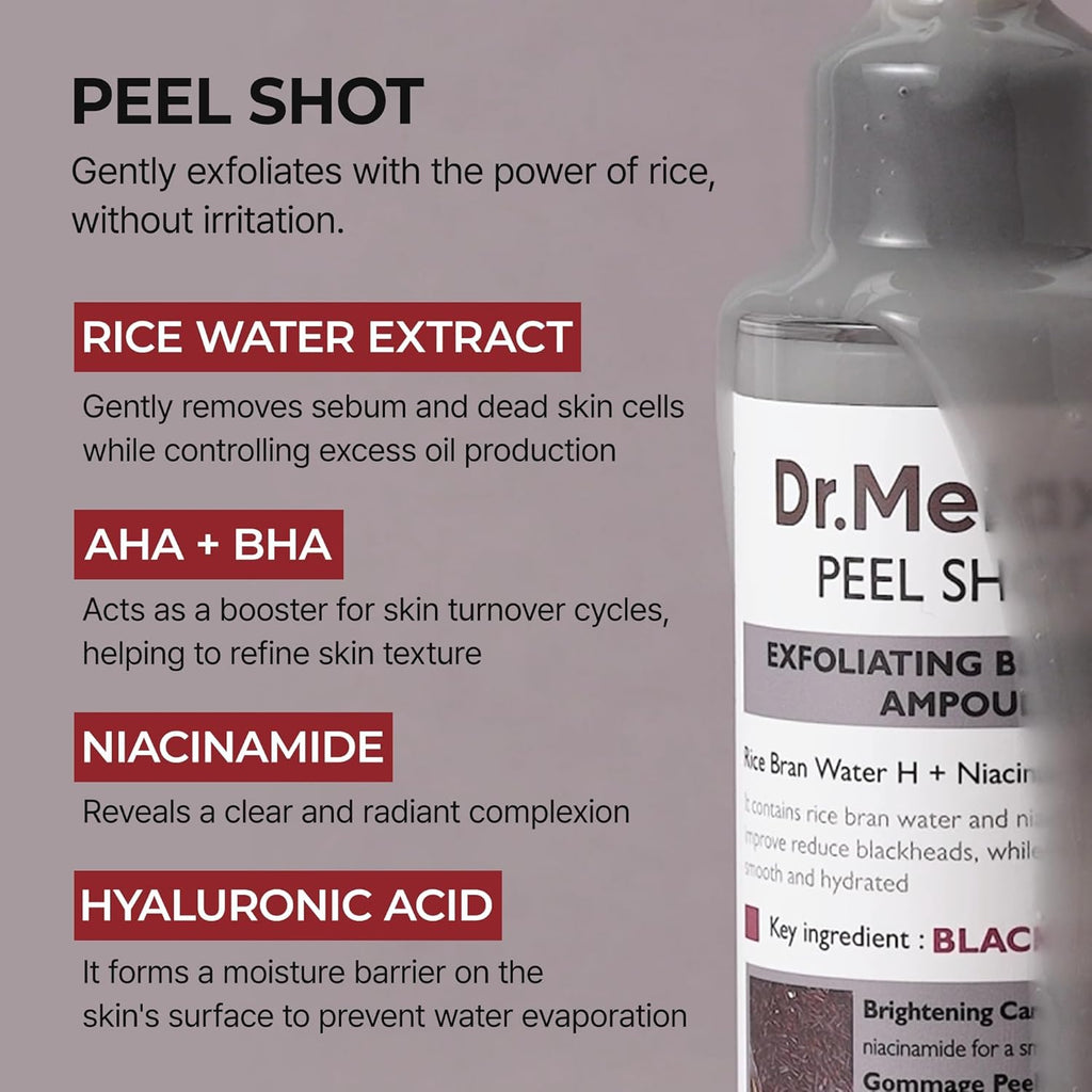 Dr.Melaxin Peel Shot Black Rice Exfoliating Ampoule, Face Exfoliator with AHA BHA Niacinamide Rice Bran Water, Blackhead Remover, Pore Minimizer, Glass Skin Serum, Korean Skin Care, 2.7 oz