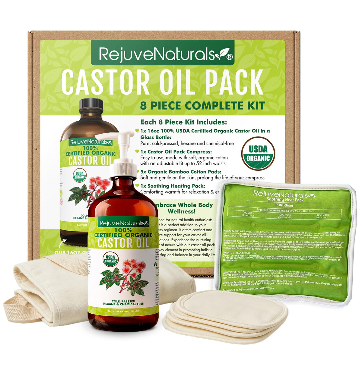 RejuveNaturals Castor Oil Organic Cold Pressed Glass Bottle 16oz -100% Pure