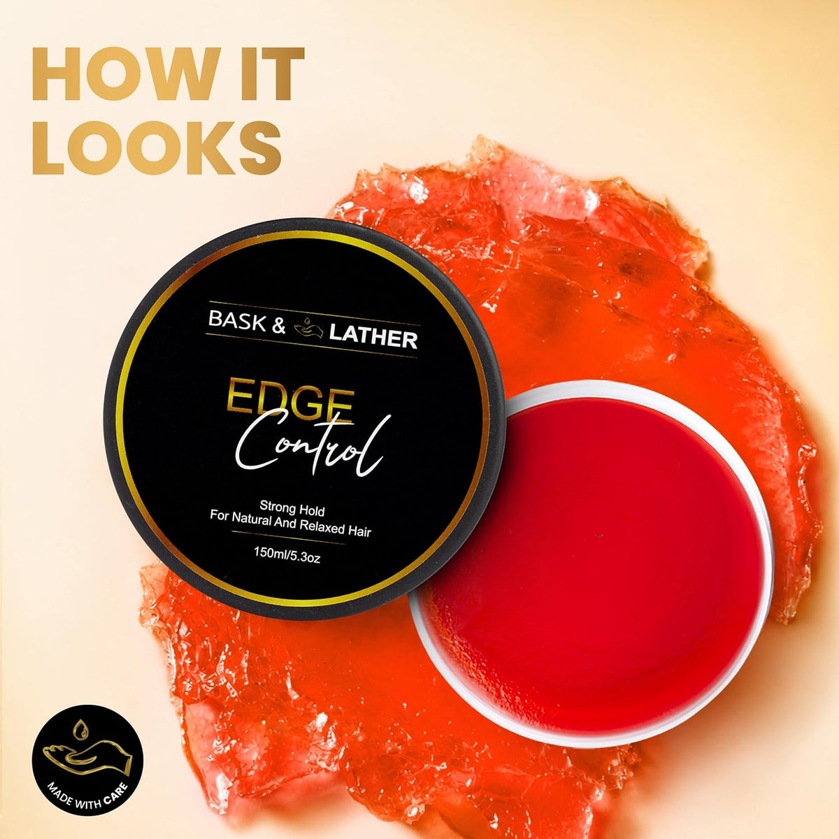 BASK & LATHER Strong Hold Edge Control Gel with Castor Oil, Non-Greasy, Non-Flaking, No White Cast, Long Lasting, Supports Hair Growth, Natural Formula, For All Hair Types, 5.3 Fl Oz