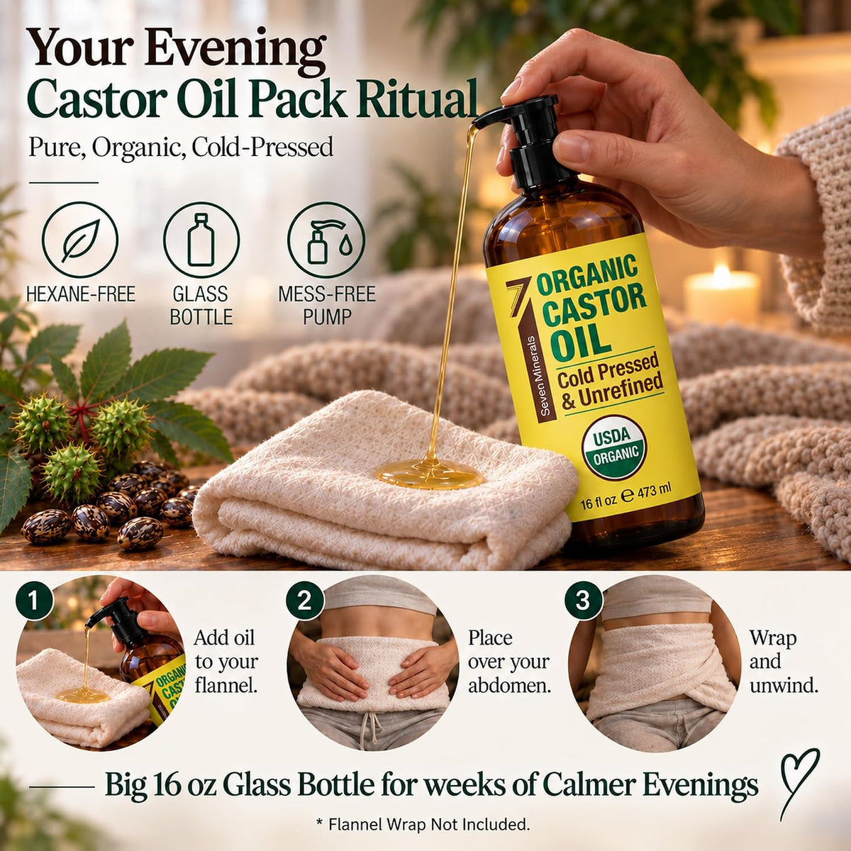Seven Minerals USDA Organic Castor Oil - Big 16 oz Glass Bottle with Pump - 100% Pure Cold Pressed Unrefined Hexane Free - for Hair Growth, Eyelashes, Eyebrows, Skin, Cuticles & Caster Oil Packs