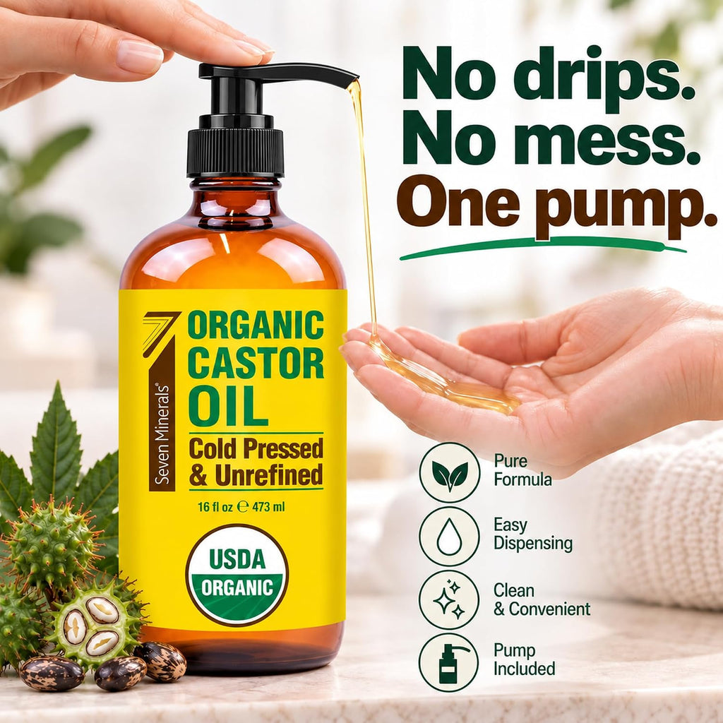 Seven Minerals USDA Organic Castor Oil - Big 16 oz Glass Bottle with Pump - 100% Pure Cold Pressed Unrefined Hexane Free - for Hair Growth, Eyelashes, Eyebrows, Skin, Cuticles & Caster Oil Packs