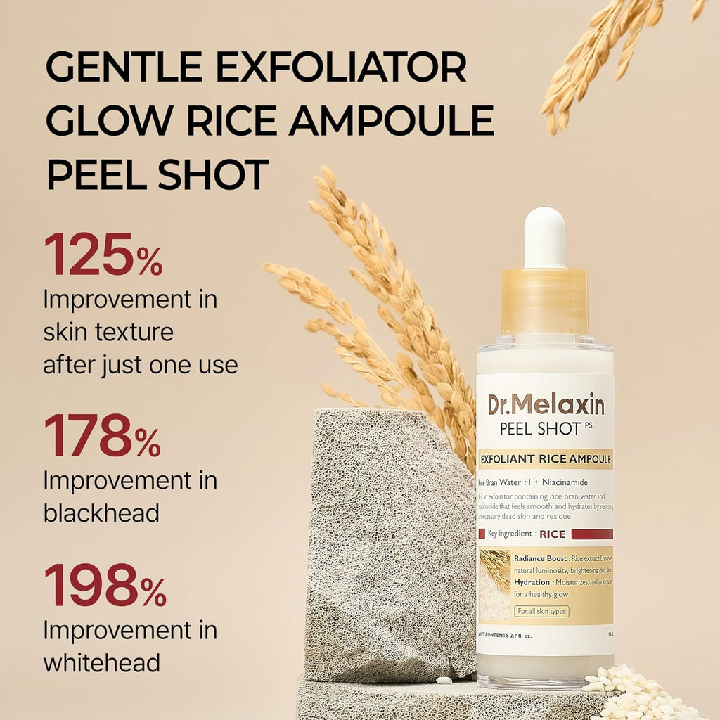 Dr.Melaxin Peel Shot Glow White Rice Peeling Ampoule with Rice Extract & AHA BHA, Gentle Exfoliating Serum for Sebum Control, Niacinamide & Hyaluronic Acid, Korean Skincare, 2.71 fl.oz