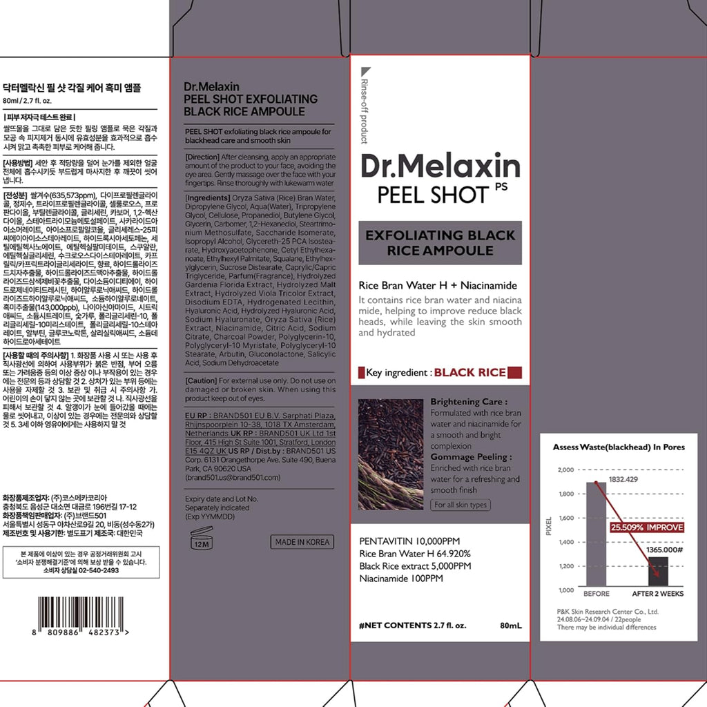 Dr.Melaxin Peel Shot Black Rice Exfoliating Ampoule, Face Exfoliator with AHA BHA Niacinamide Rice Bran Water, Blackhead Remover, Pore Minimizer, Glass Skin Serum, Korean Skin Care, 2.7 oz