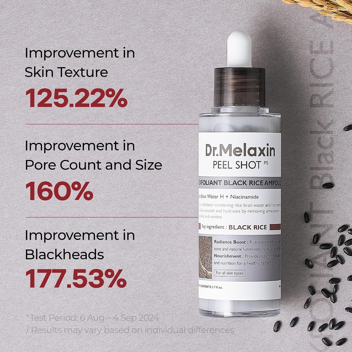 Dr.Melaxin Peel Shot Black Rice Exfoliating Ampoule, Face Exfoliator with AHA BHA Niacinamide Rice Bran Water, Blackhead Remover, Pore Minimizer, Glass Skin Serum, Korean Skin Care, 2.7 oz